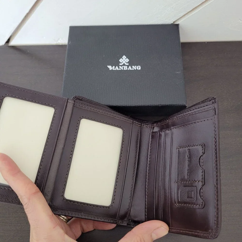 NEW MANBANG Men's Genuine Cowhide Leather Extra Capacity RFID Bifold Wallet 12CT